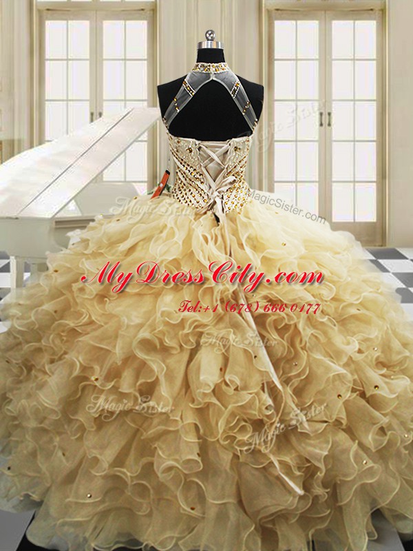 Champagne Sleeveless Sweep Train Beading and Ruffles With Train Sweet 16 Quinceanera Dress