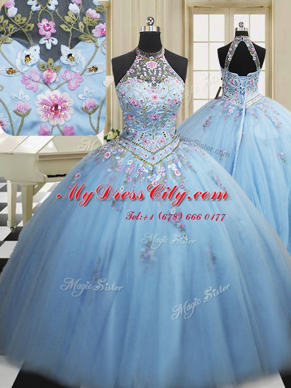 Light Blue High-neck Neckline Embroidery Sweet 16 Dresses Sleeveless Lace Up