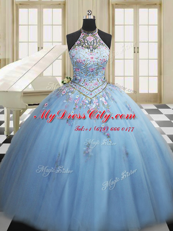 Light Blue High-neck Neckline Embroidery Sweet 16 Dresses Sleeveless Lace Up