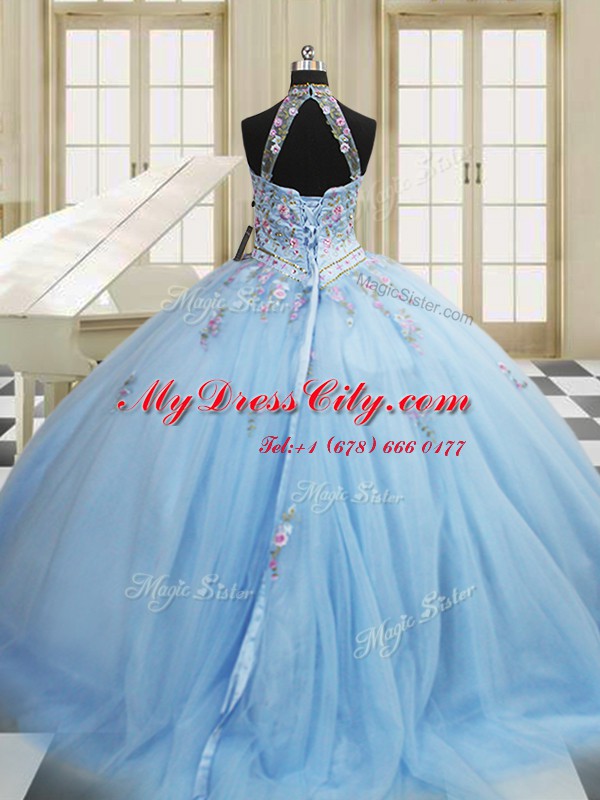 Light Blue High-neck Neckline Embroidery Sweet 16 Dresses Sleeveless Lace Up