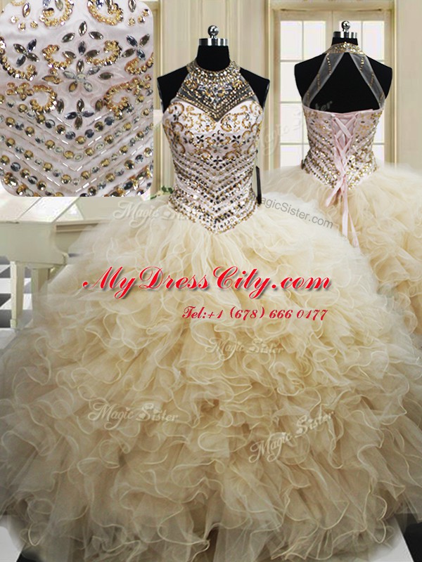 Halter Top Sleeveless Floor Length Beading and Ruffles Lace Up Vestidos de Quinceanera with Champagne