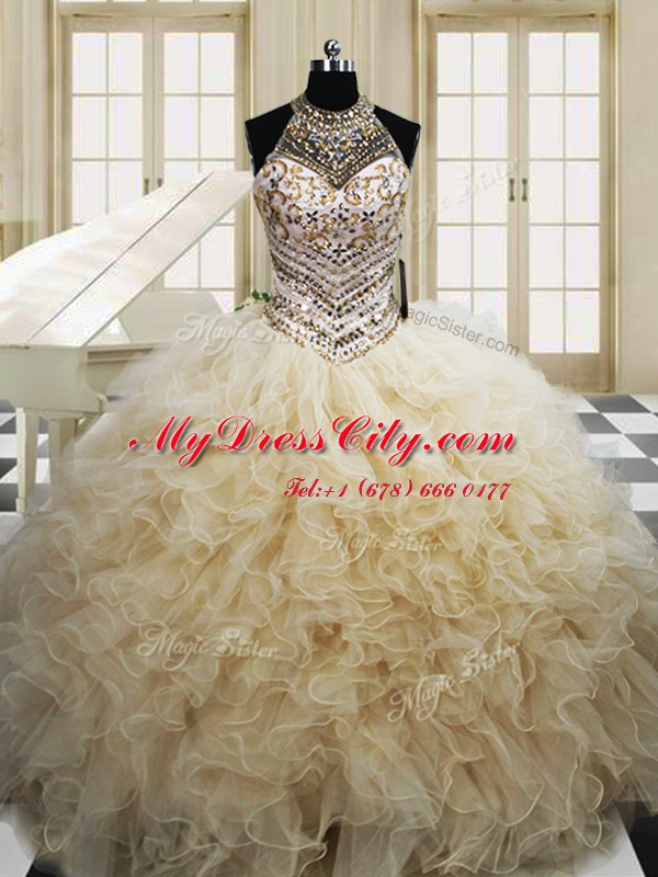 Halter Top Sleeveless Floor Length Beading and Ruffles Lace Up Vestidos de Quinceanera with Champagne