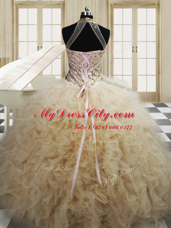 Halter Top Sleeveless Floor Length Beading and Ruffles Lace Up Vestidos de Quinceanera with Champagne