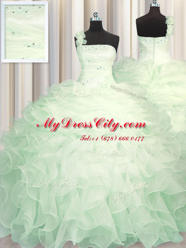 Popular One Shoulder Sleeveless Zipper 15th Birthday Dress Apple Green Organza