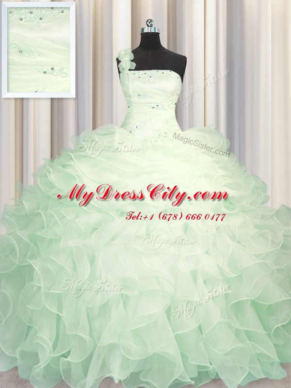 Popular One Shoulder Sleeveless Zipper 15th Birthday Dress Apple Green Organza