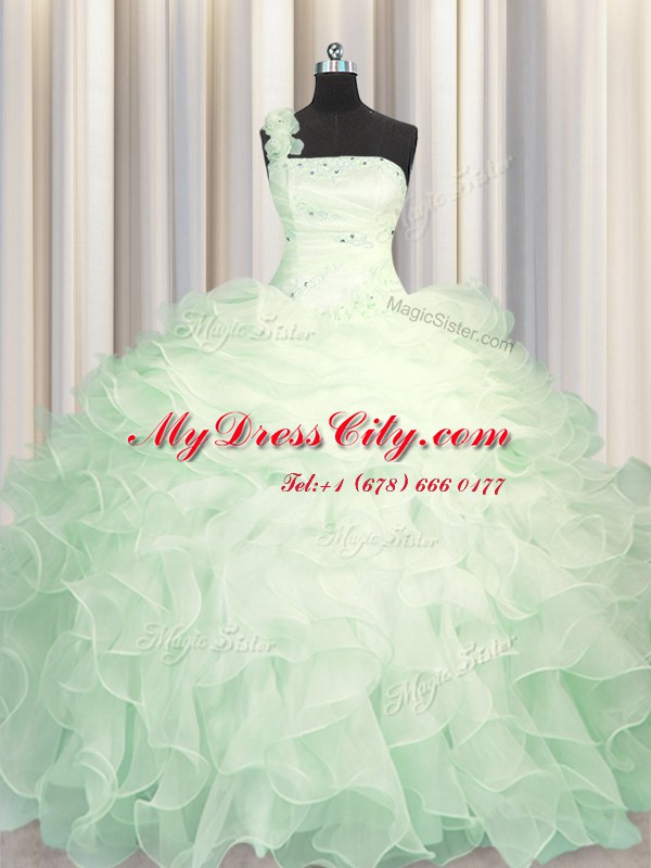 Popular One Shoulder Sleeveless Zipper 15th Birthday Dress Apple Green Organza