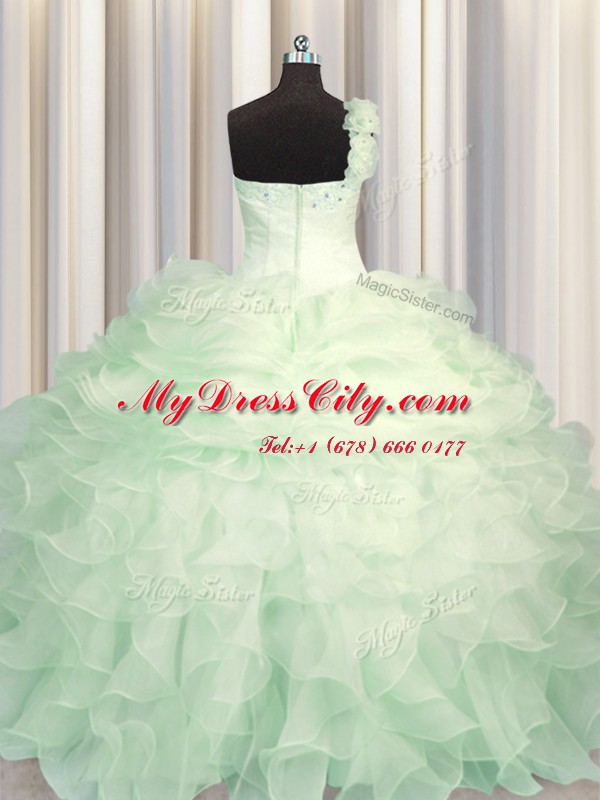 Popular One Shoulder Sleeveless Zipper 15th Birthday Dress Apple Green Organza