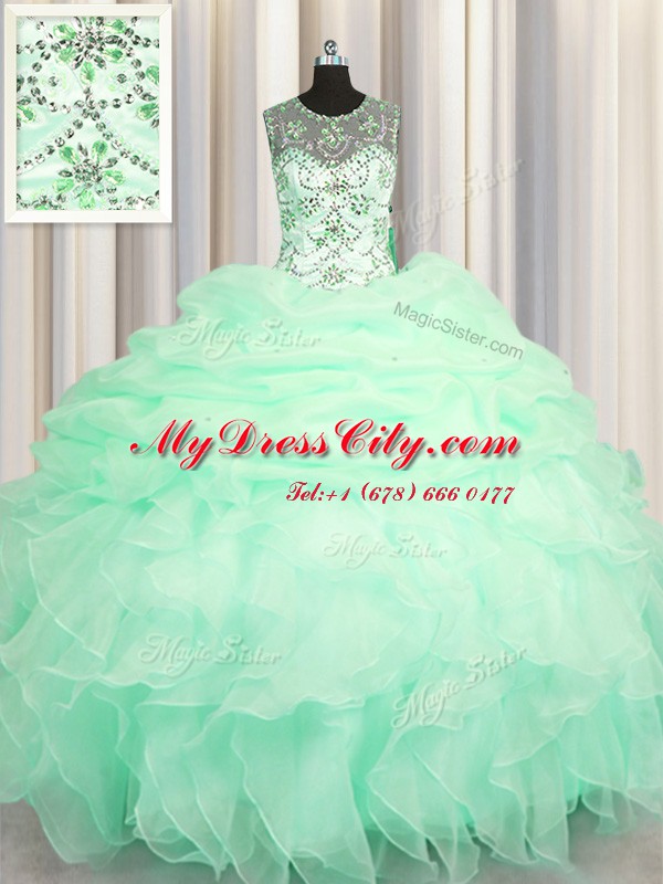 Stunning Scoop See Through Apple Green Lace Up Vestidos de Quinceanera Beading and Ruffles and Pick Ups Sleeveless Floor Length