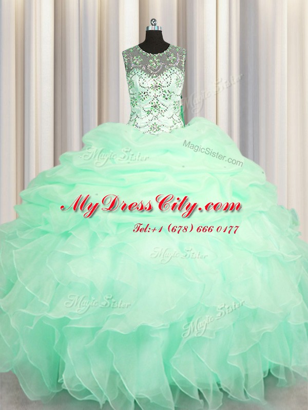 Stunning Scoop See Through Apple Green Lace Up Vestidos de Quinceanera Beading and Ruffles and Pick Ups Sleeveless Floor Length