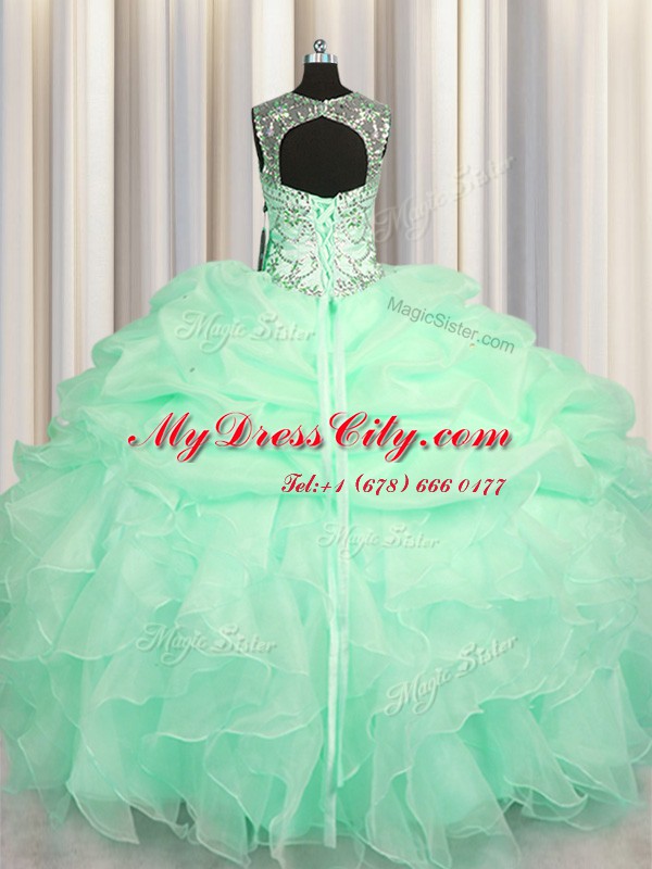 Stunning Scoop See Through Apple Green Lace Up Vestidos de Quinceanera Beading and Ruffles and Pick Ups Sleeveless Floor Length