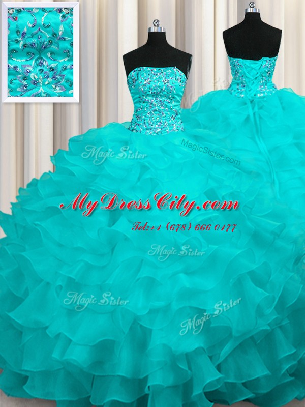 Captivating Sweep Train Aqua Blue Ball Gowns Beading and Ruffles 15 Quinceanera Dress Lace Up Organza Sleeveless With Train