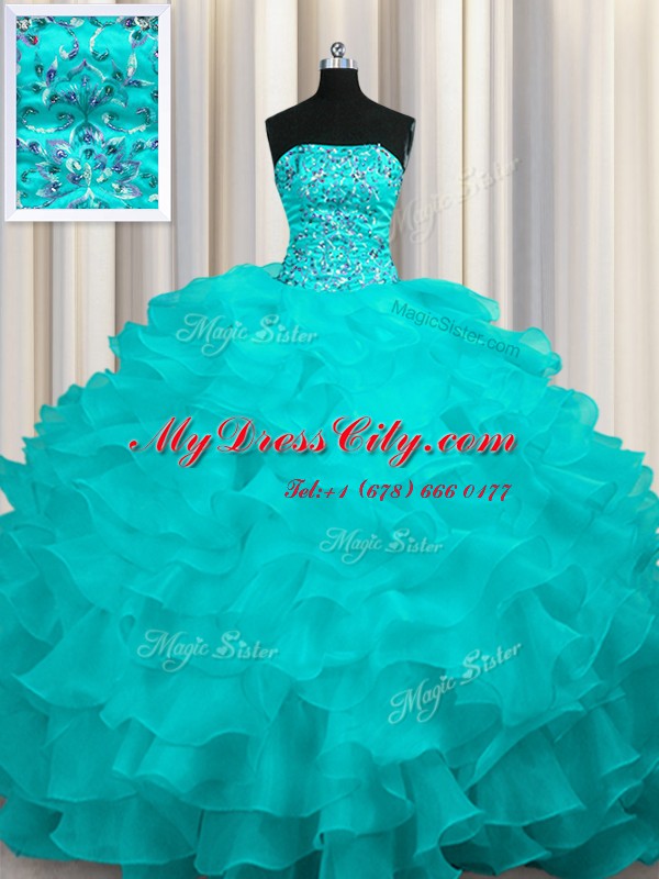 Captivating Sweep Train Aqua Blue Ball Gowns Beading and Ruffles 15 Quinceanera Dress Lace Up Organza Sleeveless With Train