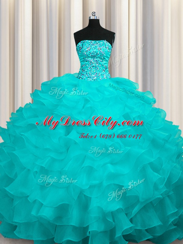 Captivating Sweep Train Aqua Blue Ball Gowns Beading and Ruffles 15 Quinceanera Dress Lace Up Organza Sleeveless With Train