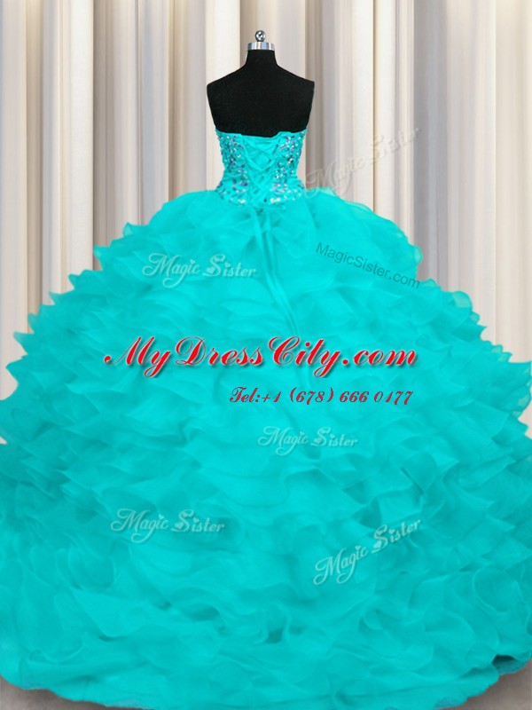 Captivating Sweep Train Aqua Blue Ball Gowns Beading and Ruffles 15 Quinceanera Dress Lace Up Organza Sleeveless With Train