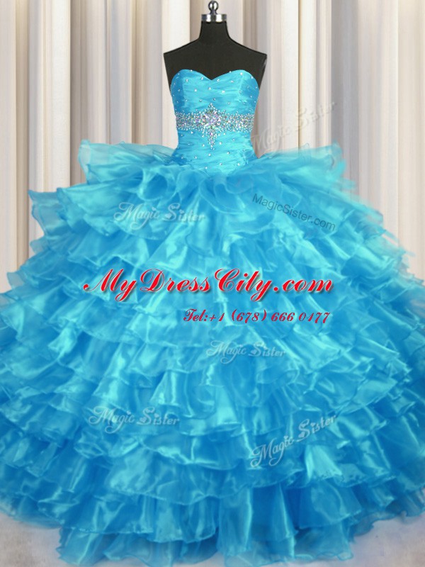 Baby Blue Organza Lace Up Sweet 16 Dresses Sleeveless Floor Length Beading and Ruffled Layers