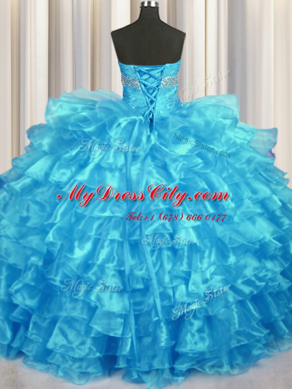 Baby Blue Organza Lace Up Sweet 16 Dresses Sleeveless Floor Length Beading and Ruffled Layers