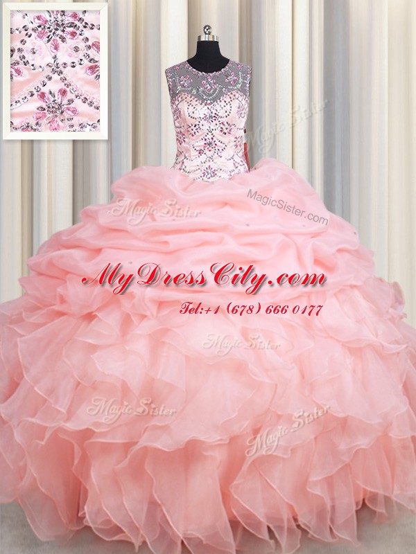 Edgy Scoop See Through Beading and Ruffles and Pick Ups Sweet 16 Dresses Baby Pink Lace Up Sleeveless Floor Length