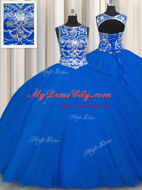 Shining Scoop Sleeveless Floor Length Beading Lace Up Quince Ball Gowns with Royal Blue