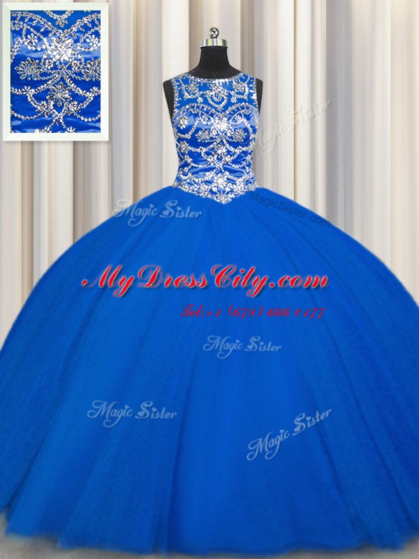 Shining Scoop Sleeveless Floor Length Beading Lace Up Quince Ball Gowns with Royal Blue