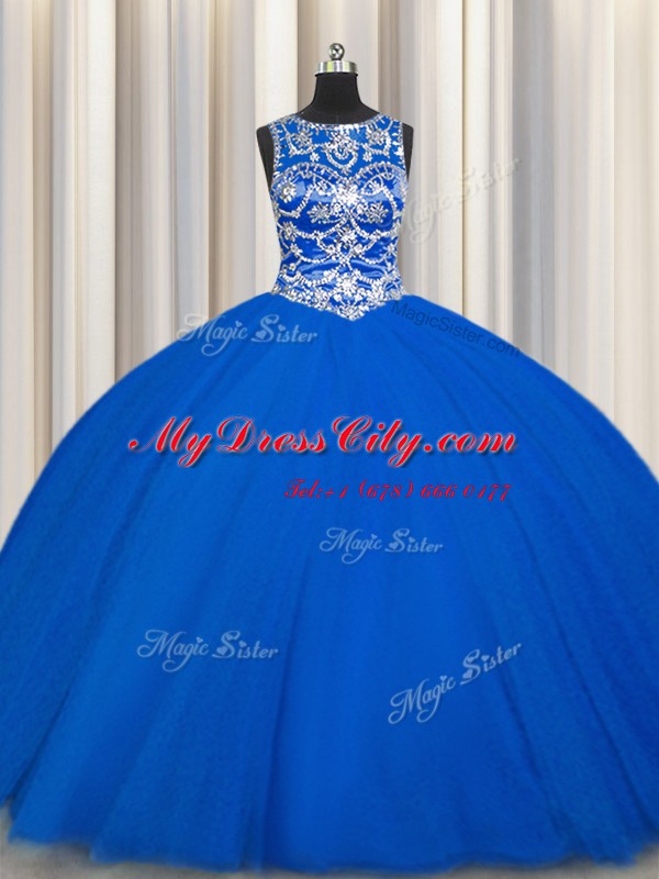 Shining Scoop Sleeveless Floor Length Beading Lace Up Quince Ball Gowns with Royal Blue