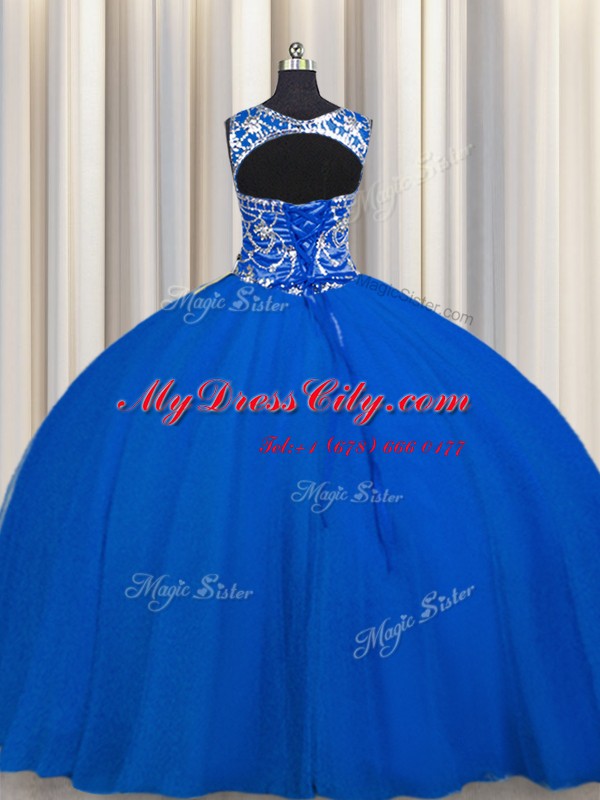 Shining Scoop Sleeveless Floor Length Beading Lace Up Quince Ball Gowns with Royal Blue