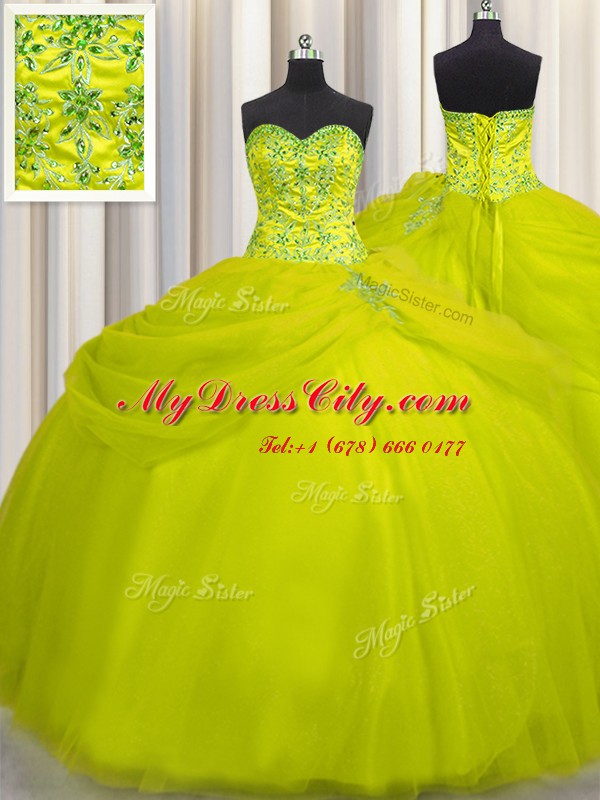 Comfortable Really Puffy Yellow Green Sleeveless Beading Floor Length Quinceanera Gown