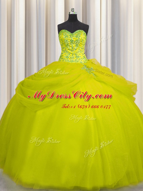 Comfortable Really Puffy Yellow Green Sleeveless Beading Floor Length Quinceanera Gown