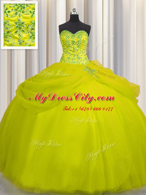 Comfortable Really Puffy Yellow Green Sleeveless Beading Floor Length Quinceanera Gown