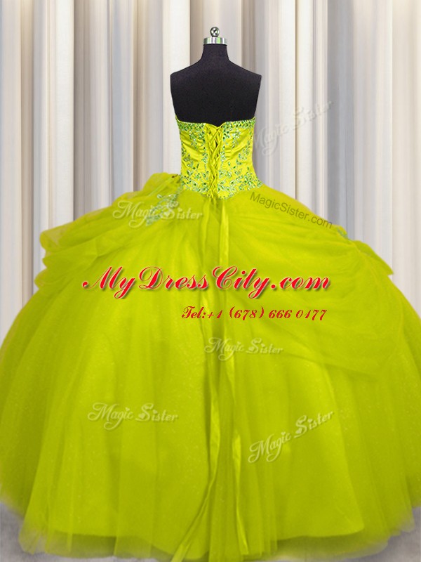 Comfortable Really Puffy Yellow Green Sleeveless Beading Floor Length Quinceanera Gown