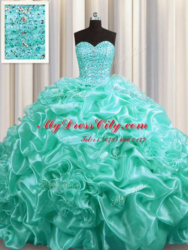 Most Popular Court Train Aqua Blue Sweetheart Neckline Beading and Pick Ups Sweet 16 Dress Sleeveless Lace Up