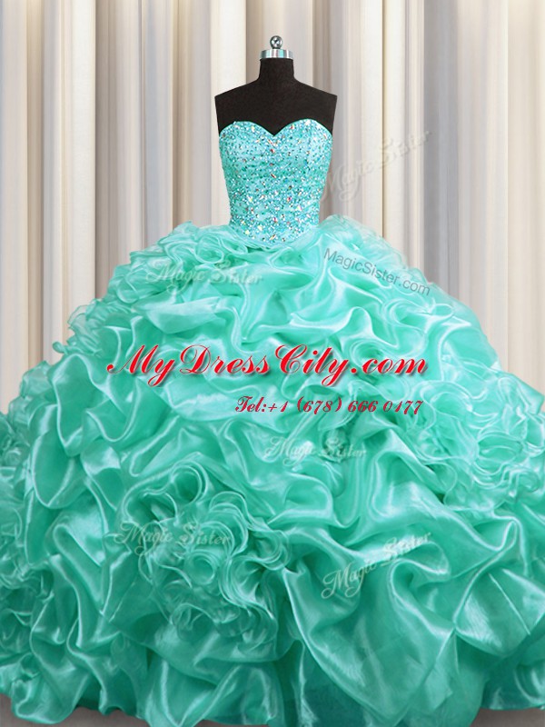 Most Popular Court Train Aqua Blue Sweetheart Neckline Beading and Pick Ups Sweet 16 Dress Sleeveless Lace Up