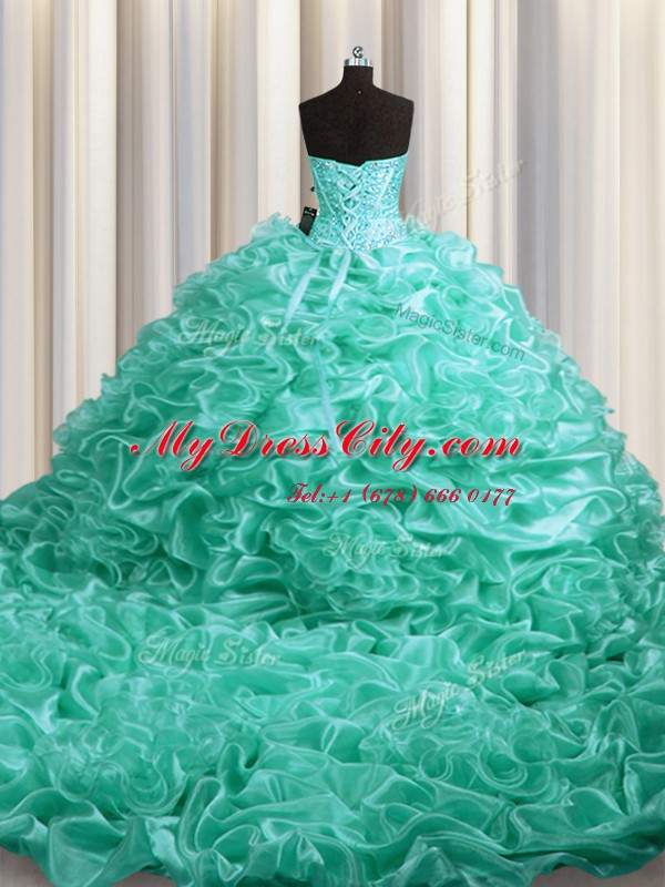 Most Popular Court Train Aqua Blue Sweetheart Neckline Beading and Pick Ups Sweet 16 Dress Sleeveless Lace Up