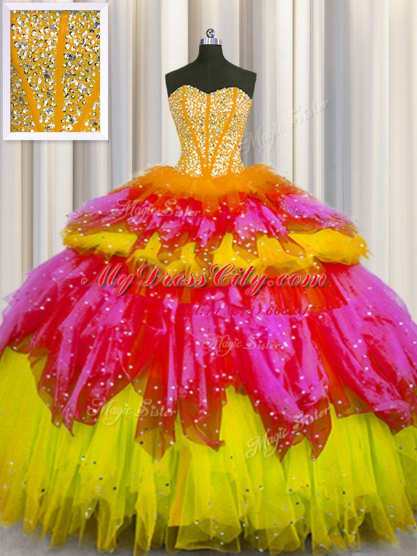 Bling-bling Visible Boning Sleeveless Floor Length Beading and Ruffles and Ruffled Layers and Sequins Lace Up Sweet 16 Dress with Multi-color