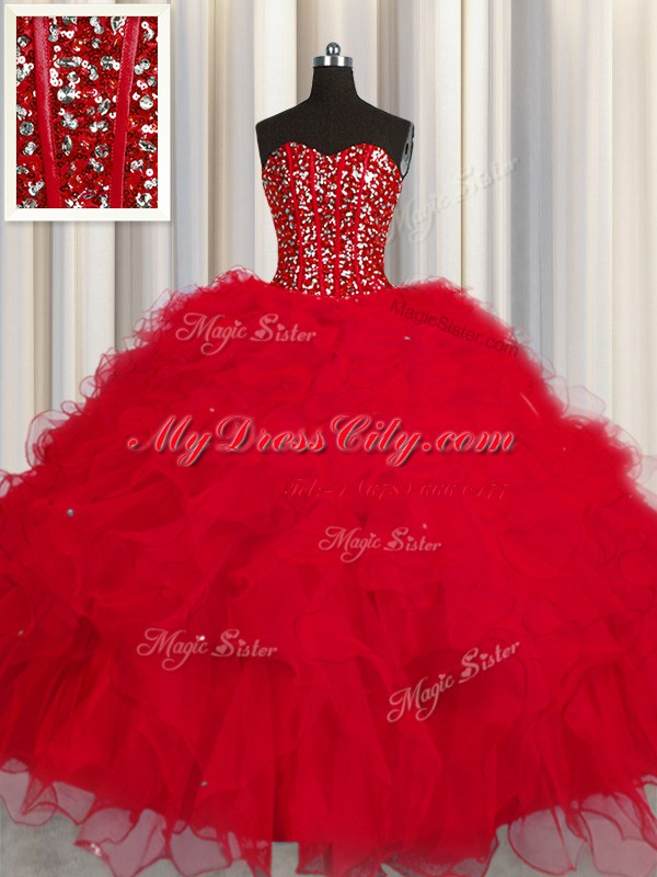 Visible Boning Red Sleeveless Tulle Lace Up Sweet 16 Quinceanera Dress for Military Ball and Sweet 16 and Quinceanera