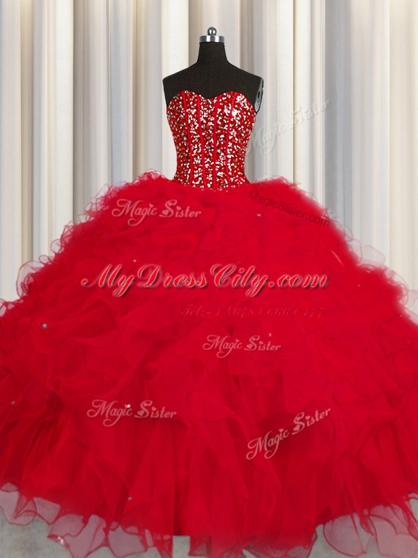 Visible Boning Red Sleeveless Tulle Lace Up Sweet 16 Quinceanera Dress for Military Ball and Sweet 16 and Quinceanera