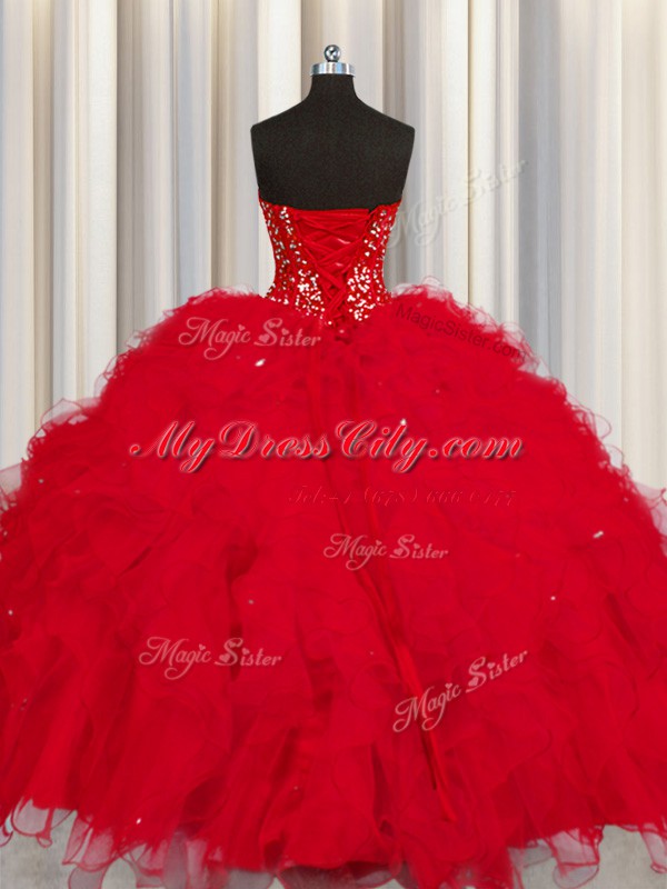 Visible Boning Red Sleeveless Tulle Lace Up Sweet 16 Quinceanera Dress for Military Ball and Sweet 16 and Quinceanera