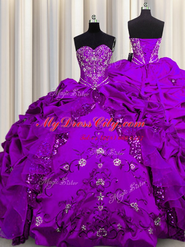 Custom Made Sequins Purple Sweetheart Neckline Beading and Embroidery and Ruffles Sweet 16 Quinceanera Dress Sleeveless Lace Up