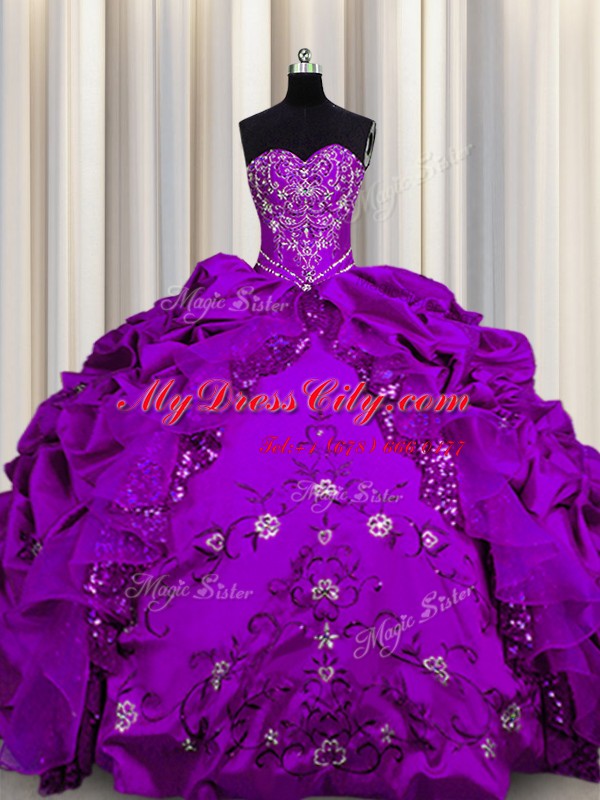 Custom Made Sequins Purple Sweetheart Neckline Beading and Embroidery and Ruffles Sweet 16 Quinceanera Dress Sleeveless Lace Up