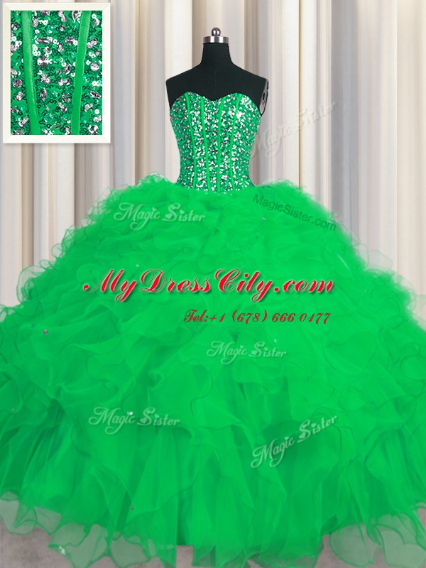 Lovely Visible Boning Green Tulle Lace Up Sweet 16 Quinceanera Dress Sleeveless Floor Length Beading and Ruffles and Sequins