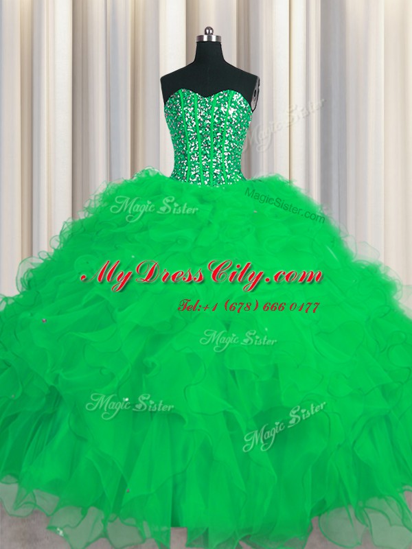 Lovely Visible Boning Green Tulle Lace Up Sweet 16 Quinceanera Dress Sleeveless Floor Length Beading and Ruffles and Sequins