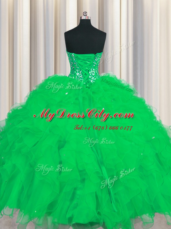 Lovely Visible Boning Green Tulle Lace Up Sweet 16 Quinceanera Dress Sleeveless Floor Length Beading and Ruffles and Sequins