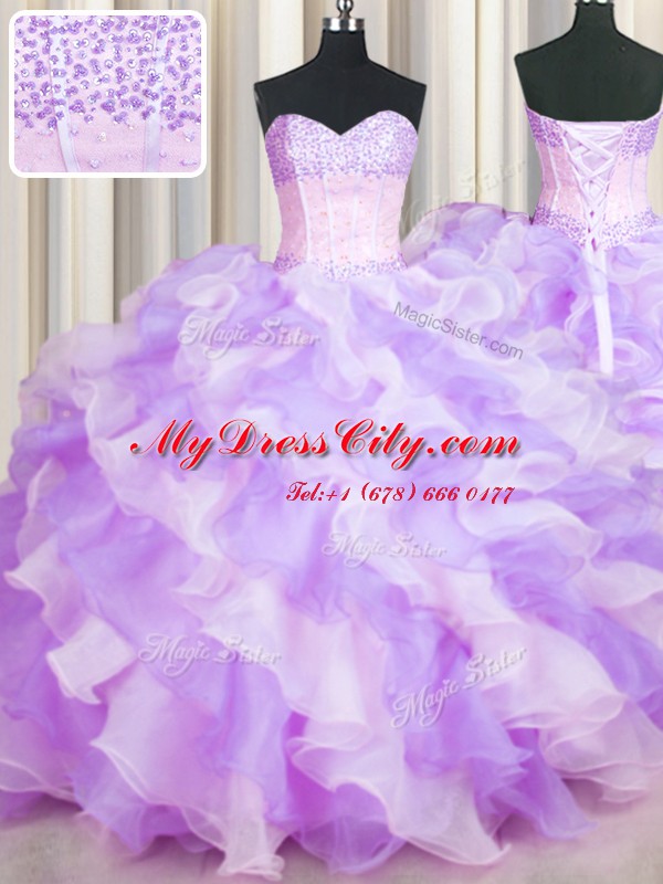 Two Tone Visible Boning Sleeveless Floor Length Beading and Ruffles Lace Up Vestidos de Quinceanera with Multi-color