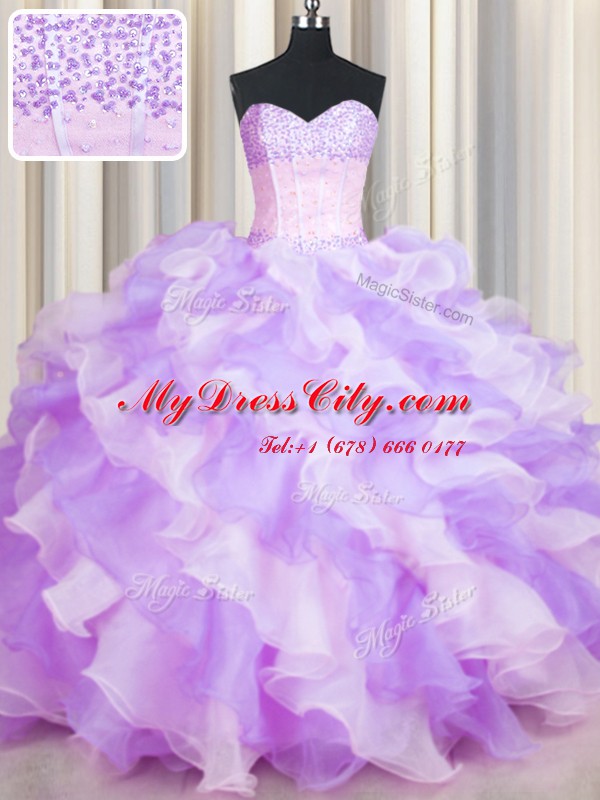 Two Tone Visible Boning Sleeveless Floor Length Beading and Ruffles Lace Up Vestidos de Quinceanera with Multi-color