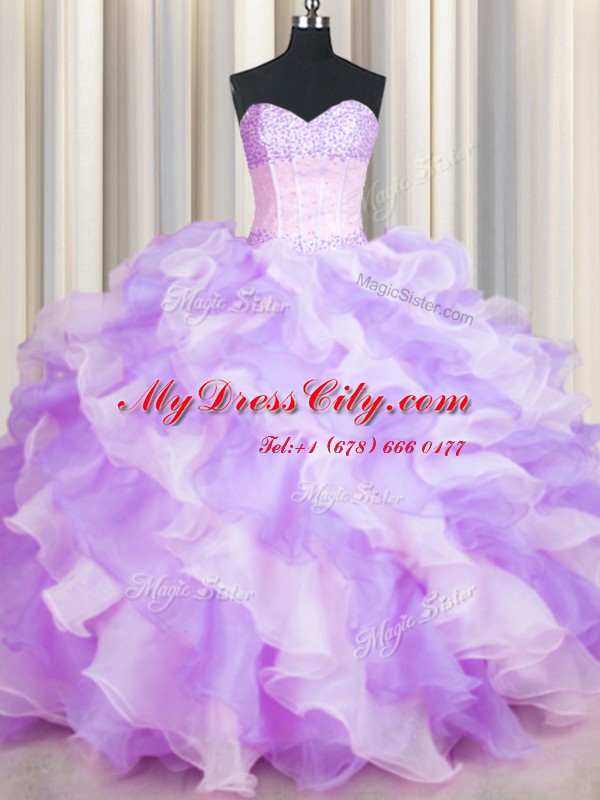 Two Tone Visible Boning Sleeveless Floor Length Beading and Ruffles Lace Up Vestidos de Quinceanera with Multi-color