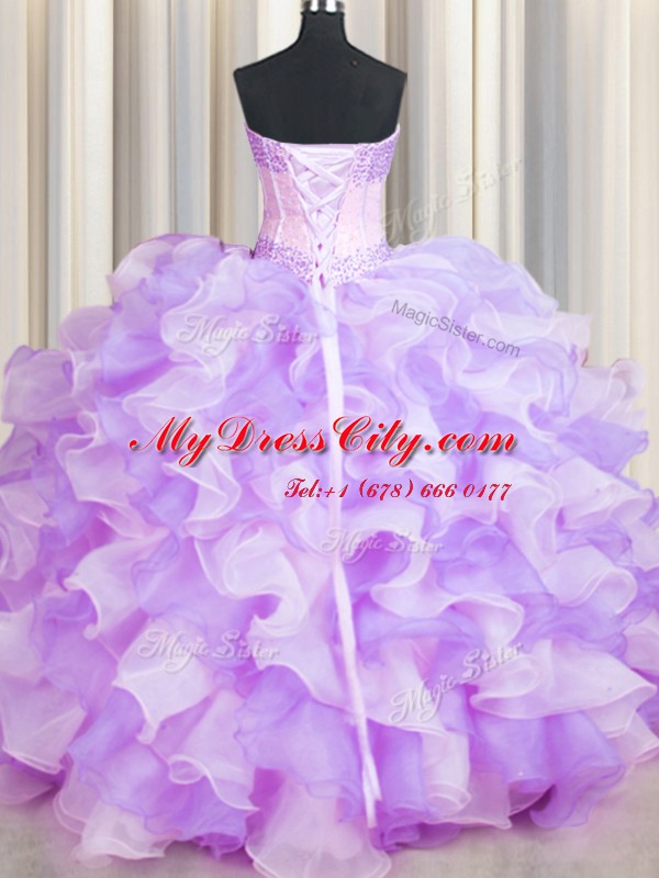 Two Tone Visible Boning Sleeveless Floor Length Beading and Ruffles Lace Up Vestidos de Quinceanera with Multi-color