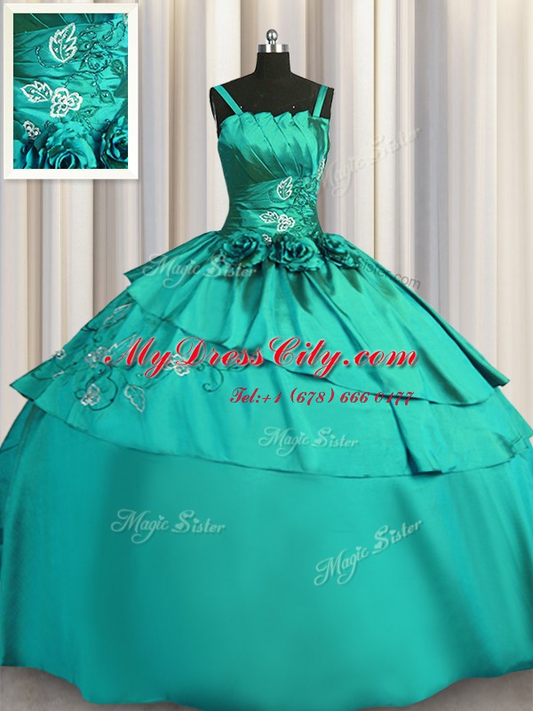 Free and Easy Floor Length Turquoise Quinceanera Gowns Satin Sleeveless Beading and Embroidery