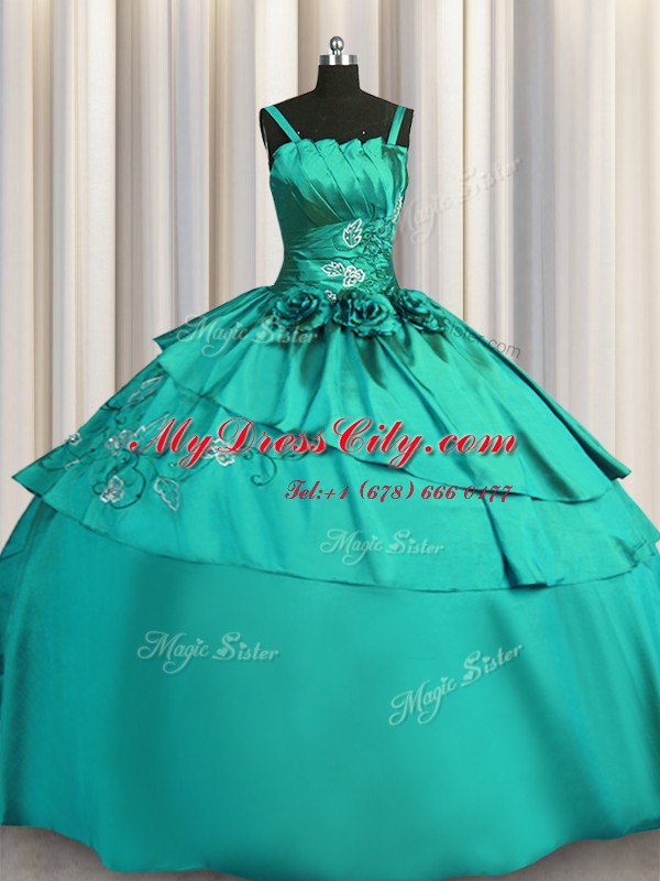 Free and Easy Floor Length Turquoise Quinceanera Gowns Satin Sleeveless Beading and Embroidery