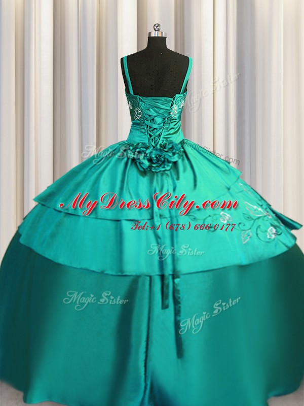 Free and Easy Floor Length Turquoise Quinceanera Gowns Satin Sleeveless Beading and Embroidery