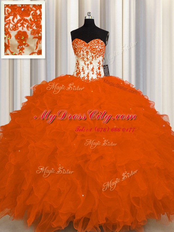 Sweetheart Sleeveless Lace Up Sweet 16 Dresses Orange Red Organza