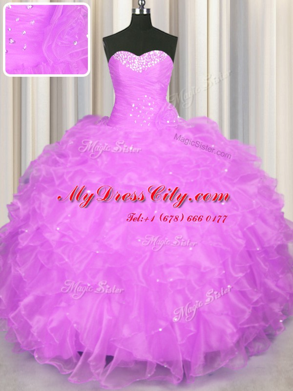 Hot Selling Sleeveless Beading and Ruffles Lace Up Quince Ball Gowns